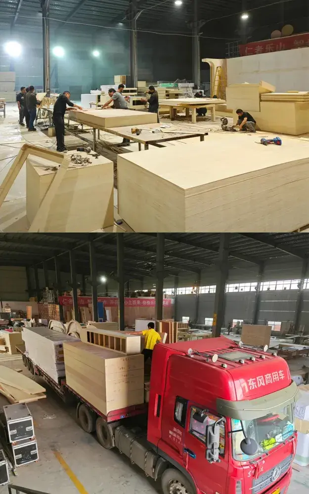 Vista interior de una fábrica de fabricación de cabinas de exposición en China