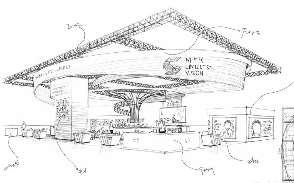 Boceto de diseño de un gran stand de exposición